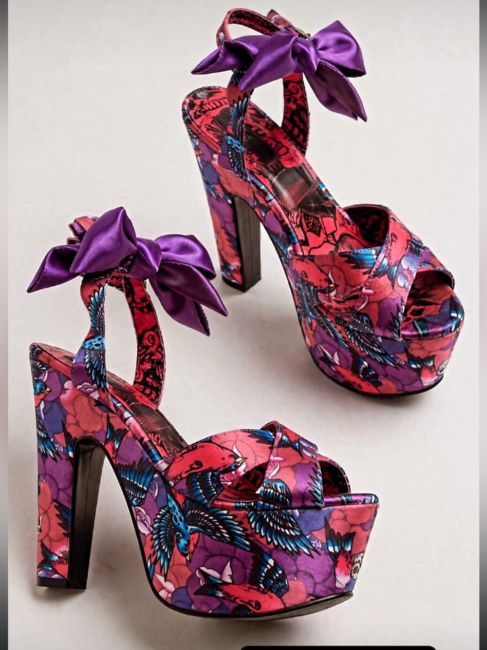 Dolls Kill Red Floral Platform Sandals with Purple Satin Bow